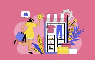 Commerce in mobile app concept with modern flat design for web. Woman looking discounts and deals in online stores, making purchases with safe internet payments, using delivery. illustration. vector