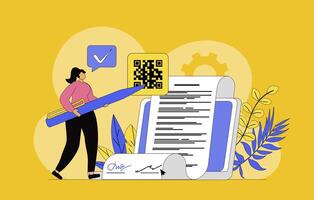 Electronic contract concept with modern flat design for web. Businesswoman signing electronic agreements with digital signature, making business deal online with certificates. illustration. vector