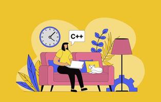 Freelance work concept with modern flat design for web. Woman designer working on laptop online and sitting at apartment, doing job tasks distantly and communicating in internet. illustration. vector