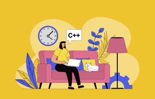 Freelance work concept with modern flat design for web. Woman designer working on laptop online and sitting at apartment, doing job tasks distantly and communicating in internet. illustration.