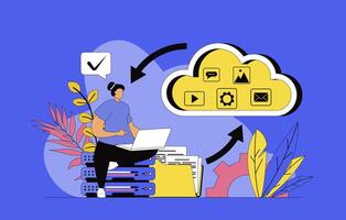 Cloud storage concept with modern flat design for web. Woman transfers content and files to cloud, creating data backup and opens access to users, managing digital files online. illustration. vector