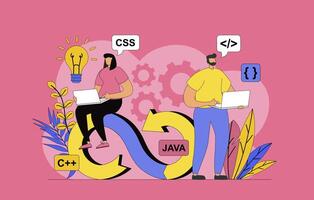 DevOps engineers team concept with modern flat design for web. Man and woman working together, programmers communicating and brainstorming, management and set up processes. illustration. vector