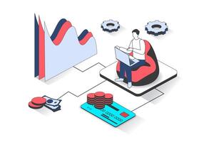 Finance 3d isometric concept with isometry people design for web. Man accounting and making financial audit using laptop, researching charts and balance, managing credit cards. illustration. vector