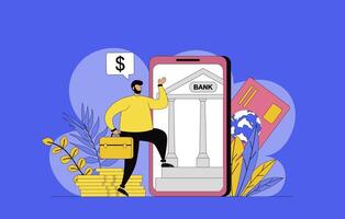 Mobile banking concept with modern flat design for web. Man using personal bank account in mobile app, making online payments and financial transactions, managing his budget. illustration. vector