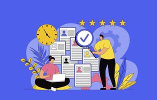 HR process concept with modern flat design for web. Woman and man choosing resume of best candidate for interview for open vacancy in office, finiding online staff applications. illustration. vector