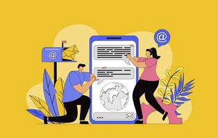 Messaging service concept with modern flat design for web. Woman and man writing messages and sending using mobile apps, communicating online with friends in chats and forums. illustration. vector