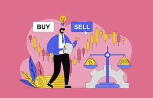 Cryptocurrency marketplace concept with modern flat design for web. Man buying and selling digital money on crypto exchange, investing in bitcoins and other virtual coins. illustration. vector
