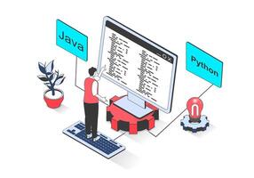 Programming 3d isometric concept with isometry people design for web. Man coding on computer screen and engineering software products, working with online processing services. illustration. vector
