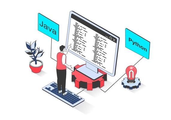 Programming 3d isometric concept with isometry people design for web. Man coding on computer screen and engineering software products, working with online processing services. illustration.