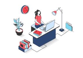 Business office 3d isometric concept with isometry people design for web. Woman working at laptop while sitting at desk, doing paperwork and making routine tasks in workflow. illustration. vector