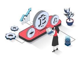 Cryptocurrency 3d isometric concept with isometry people design for web. Woman investing money in bitcoins and other crypto coins and developing virtual blockchain business. illustration. vector