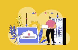 Hosting provider concept with modern flat design for web. Man working in technical support of Internet provider, maintains datacenter work, monitors traffic and security system. illustration. vector