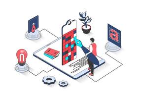 Designer studio 3d isometric concept with isometry people design for web. Man drawing graphic elements, creting mobile application interface layout, making project at screen. illustration. vector