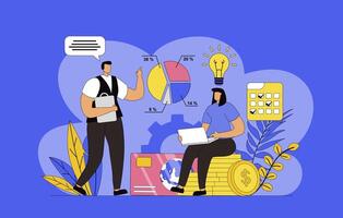 Financial management concept with modern flat design for web. Man and woman counting data and analyzing budget, inspecting statistics and banking reports, planning their finance. illustration. vector
