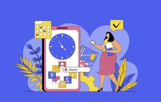 Mobile organizer concept with modern flat design for web. Woman organizes time and tasks in app, marks meetings on calendar, manages files, scheduling work agenda for deadlines. illustration. vector