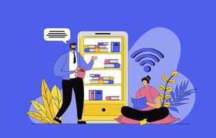 Online library concept with modern flat design for web. Man and woman reading e-books, storing digital books in cloud storage and mobile app, buying textbooks in online bookstore. illustration. vector