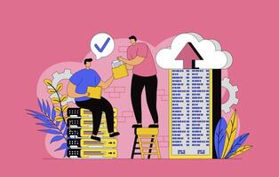 Data center technology concept with modern flat design for web. Engineers team maintaining server rack room, controling performance of hardware, monitoring infrastructure system. illustration. vector