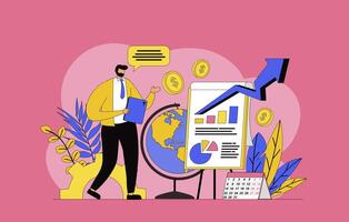 Global business strategy concept with modern flat design for web. Men crating expansion strategy on globe map and presentation board, doing marketing in international company. illustration. vector
