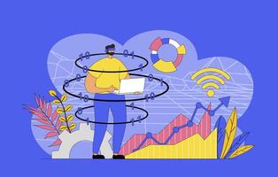 Cyberspace management concept with modern flat design for web. Man interacts with virtual data dashboard system displays, making analizing statistic, working in cyber reality. illustration. vector