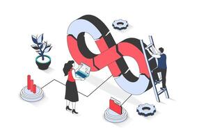 DevOps 3d isometric concept with isometry people design for web. Man and woman developing and programming in team, using agile development operations architecture in work process. illustration. vector