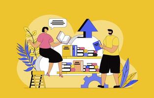 Cloud library concept with modern flat design for web. Woman and man reading and sharing digital books and textbooks, using cloud technologies for online education and e-learning. illustration. vector
