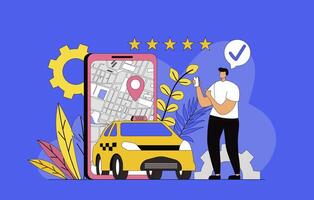 Taxi booking service concept with modern flat design for web. Man looking for car and ordering taxi transportation in mobile application, tracking route on map with location. illustration. vector
