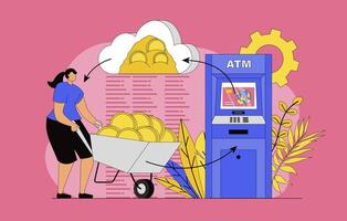 Money transfer concept with modern flat design for web. Woman making financial transaction and sending cash to account balance with atm, exchange coins and using banking service. illustration. vector
