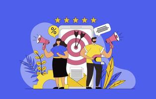 Outbound marketing concept with modern flat design for web. Marketers team with megaphones making offline advertising campaign, sending promo letters and broadcasts on radio. illustration. vector