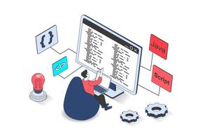 Development 3d isometric concept with isometry people design for web. Man working with programming code at computer screen, creating software products, computing and processing. illustration. vector