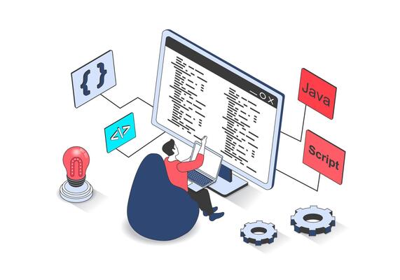 Development 3d isometric concept with isometry people design for web. Man working with programming code at computer screen, creating software products, computing and processing. illustration.
