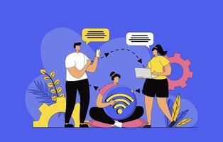 Wireless technology concept with modern flat design for web. Man and woman using free internet and connecting to wifi hotspot from laptop and smartphone for virtual chatting. illustration. vector