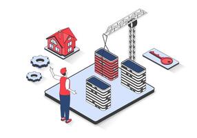 Real estate 3d isometric concept with isometry people design for web. Man working at construction site, building new suburb residential houses and skyscraper apartments for sales. illustration. vector