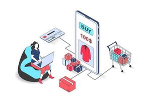 E-commerce 3d isometric concept with isometry people design for web. Woman choosing new clothes at laptop or mobile app, ordering products and making online payment, gets gifts. illustration. vector