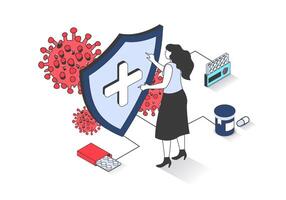 Coronavirus 3d isometric concept with isometry people design for web. Woman making prevention vaccination and has immunity from virus illness, using drugs, following prescription. illustration. vector