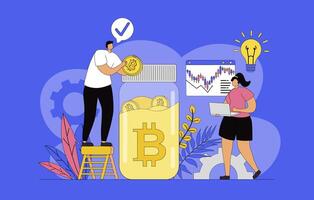 Cryptocurrency investment concept with modern flat design for web. Man and woman analyzing stock data, buys bitcoins, increases digital money income, developing crypto business. illustration. vector