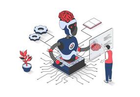 Artificial intelligence 3d isometric concept with isometry people design for web. Man programming robot brain, using AI servers and virtual chatbot, developing robotic technology. illustration. vector
