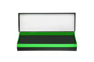 A small open black paper box with a green stripe for a gift. Gift wrapping isolate on white background. photo