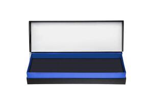 A small open black paper box with a blue stripe for a gift. Gift wrapping isolate on white background. photo