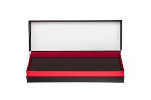 A small open black paper box with a red stripe for a gift. Gift wrapping isolate on white background. photo