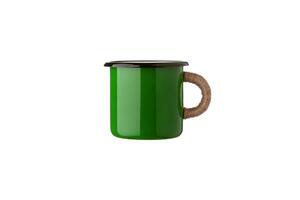 Metal travel mug with thermal insulation on the handle. Convenient unbreakable cup for hot and cold drinks isolate on a white back photo
