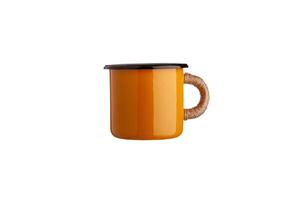 Metal travel mug with thermal insulation on the handle. Convenient unbreakable cup for hot and cold drinks isolate on a white back photo