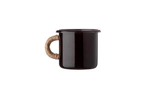 Metal travel mug with thermal insulation on the handle. Convenient unbreakable cup for hot and cold drinks isolate on a white back photo