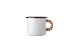 Metal travel mug with thermal insulation on the handle. Convenient unbreakable cup for hot and cold drinks isolate on a white back photo