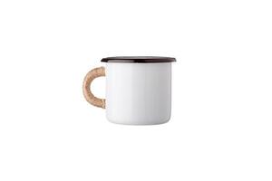 Metal travel mug with thermal insulation on the handle. Convenient unbreakable cup for hot and cold drinks isolate on a white back photo