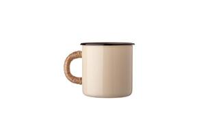 Metal travel mug with thermal insulation on the handle. Convenient unbreakable cup for hot and cold drinks isolate on a white back photo