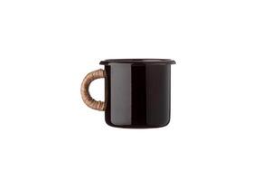Metal travel mug with thermal insulation on the handle. Convenient unbreakable cup for hot and cold drinks isolate on a white back photo