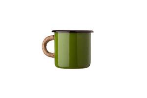Metal travel mug with thermal insulation on the handle. Convenient unbreakable cup for hot and cold drinks isolate on a white back photo