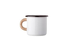 Metal travel mug with thermal insulation on the handle. Convenient unbreakable cup for hot and cold drinks isolate on a white back photo