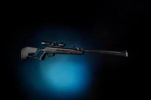Black pneumatic rifle with an optical sight. Black modern air rifle with a telescopic sight on a dark background. Light blue spot in the back photo