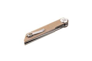 Pocket folding knife isolate on white back. Compact metal sharp knife with a folding blade. photo